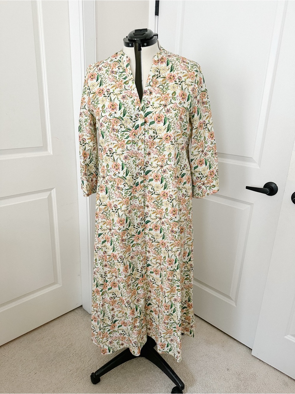 Zara Floral Button-Front Midi Dress in Cream, Pink and Green